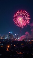 Glittering fireworks explode above cityscape at night, holiday, abstract
