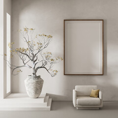 living room interior mock up with modern furnitures. Poster frame mock up in modern interior design. 3D illustration