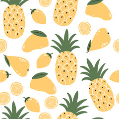 Simple Fruits Illustration Seamless Pattern: Organic Fresh, and Colorful Tropical Fruits Orange, Banana Mango, Watermelon, Apple, Lemon, Cherry, Pear Strawberry Pomegranate, Peach Vegan Healthy, Juicy