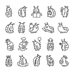 Woodlouse cartoon character set depicting cute isopods experiencing positive emotions and poses including greeting, birthday celebration, cooking food, skateboarding, reading books