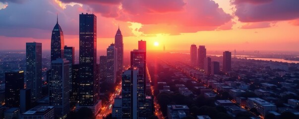 Fototapeta premium Midtown high-rise buildings, cityscape at sunset, panorama, landscape