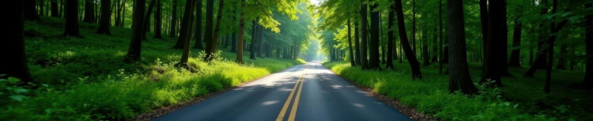 Fototapeta premium Narrow asphalt road cuts through dense, shadowy woods , rural, spring