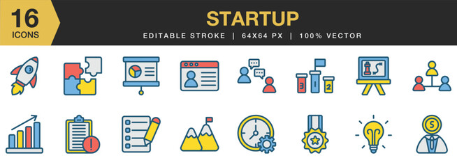 Startup flat color icon set. Includes startup, business, creative, strategy, project, and More. Flat color icons vector collection.