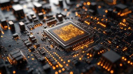 Illuminated Microchip Displaying Advanced Technological Integration and Processing