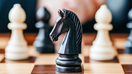 A close-up of a black knight chess piece in focus, surrounded by white pawns and black pieces on a wooden chessboard.