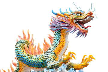 Vibrant Mythical Dragon Statue Against Black Background Featuring Intricate Blue Yellow and Orange Scale Pattern in a Bold Traditional Pose