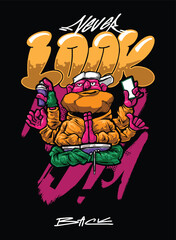 A vibrant and detailed graffiti-style illustration featuring a cool street art character wearing a snapback, hoodie, and sunglasses. The bold colors and urban aesthetic make this vector artwork perfec