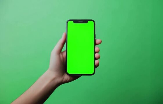 Hand holding smartphone with blank green screen for mockup on green background