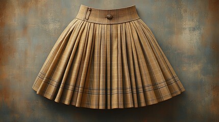 Brown pleated plaid skirt on textured background.