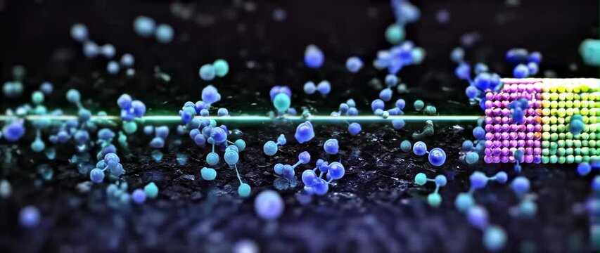 Anamorphic video of Molecules that react with each other, Loop abstract 3d animation