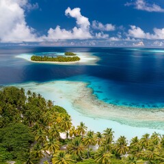 Obraz premium A stunning aerial view of Ant Atoll’s white sand beaches, turquoise waters, and lush palm trees.