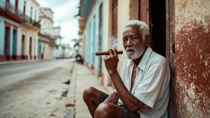 Elder Man Smoking a Cigar While Sitting Outside in Vintage Latin American Neighborhood