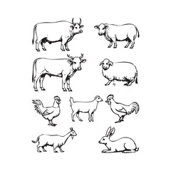 Farm Animals Vector Illustration - Cow, Goat, Sheep, Chicken, Rabbit, and More - Vintage Engraving Style