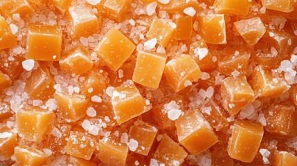 Pile of salted caramel candies, close-up overhead view. Use for baking blog, treats, sweets and candy design.