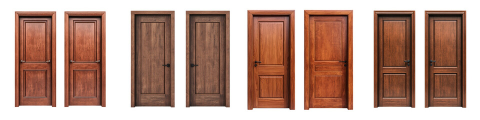 An assortment of elegant wooden entryway doors showcasing different architectural styles panel designs and finishes in warm rustic tones