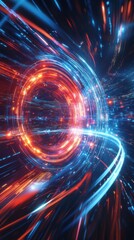Fototapeta premium Abstract Digital Tunnel of Light Speed and Futuristic Technology, Neon Glowing Trails and Vibrant Colors