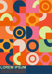 Modern vector abstract geometric background with circles, rectangles and squares in retro scandinavian style. Pastel colored simple shapes graphic pattern. Abstract mosaic artwork