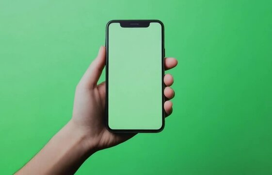 Hand holding smartphone with empty green screen for template on green background 