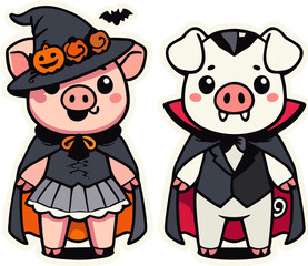 Spooky Yet Cute Halloween Pig Characters – Sticker Style