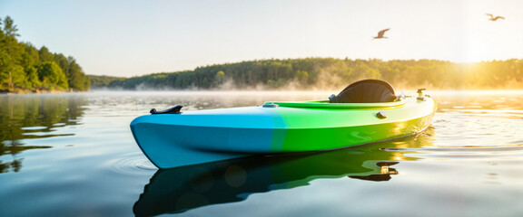 Sleek kayak gliding on calm lake at sunrise, nature's beauty