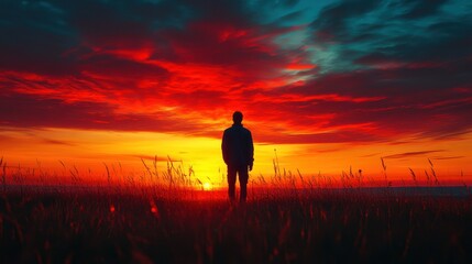Fototapeta premium Silhouette of a Man at Sunset, fiery sky, peaceful landscape