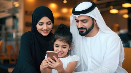 Happy Emirati Family Sharing Moments Together Using a Smartphone in a Cozy Setting