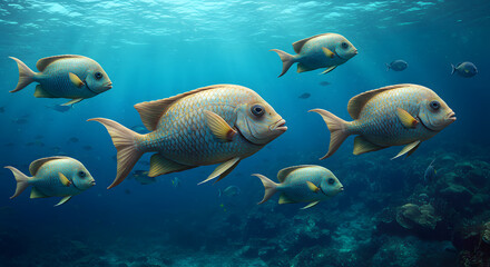 Fototapeta premium School of Silver Fish Swimming Underwater in a Vibrant Ocean Scene
