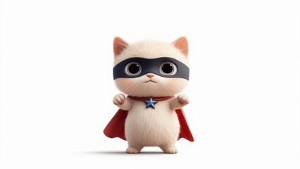 Adorable Cartoon Cat as a Superhero in Red Cape and Mask, Standing Confidently