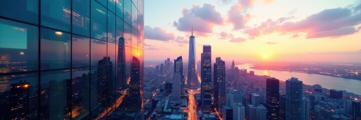 Fototapeta premium Modern glass skyscraper facade reflecting city skyline, office building, exterior, design