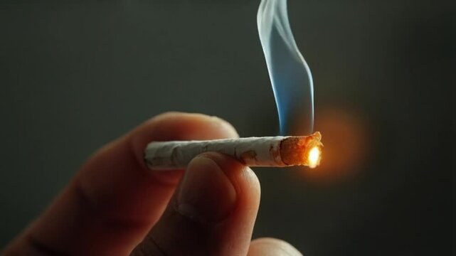 Close-up of hand holding cigarette with smoke on dark background for video
