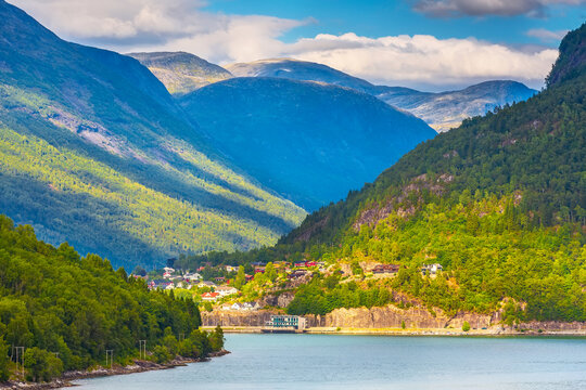 Norway fjord landscape and cruise ships in Olden