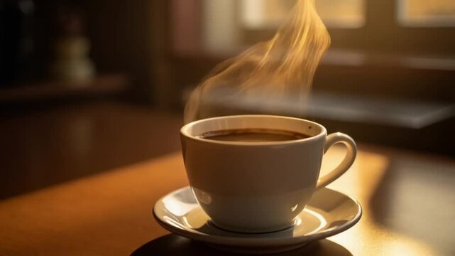 Steaming coffee cup on wooden table with warm ambiance for video