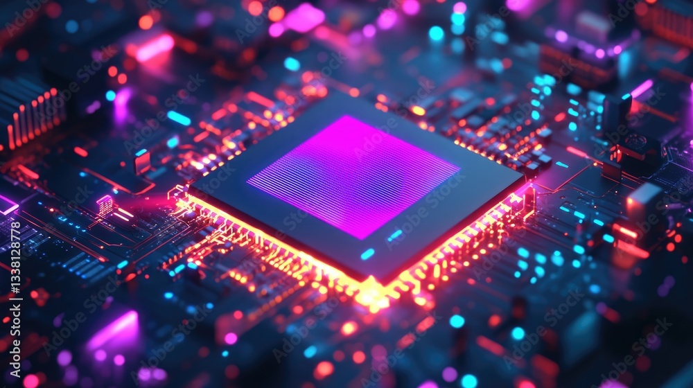 Poster colorful lights illuminate a microprocessor on a circuit board, showcasing intricate patterns and te