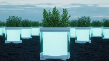 Fototapeta premium Glowing planters in a field under a cloudy sky.