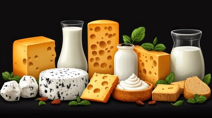 Artistic Still Life Depicting Various Cheeses and Milk Products on Black Background