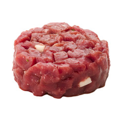 Obraz premium Steak tartare with raw egg yolk and spices on white plate with wight background . fresh beef tartare, protein-rich food, steak tartare close-up, minced beef tartare, raw egg yolk, food photography, w