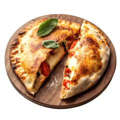 Pizza calzone with one slice cut placed on a wooden plate on transparent background