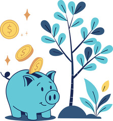 Obraz premium Happy Pink Piggy Bank with Floating Golden Coins and Money Trees