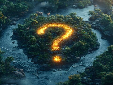 Glowing Question Mark Framed by Vibrant Natural Scenery Symbolizing Life s Mysteries