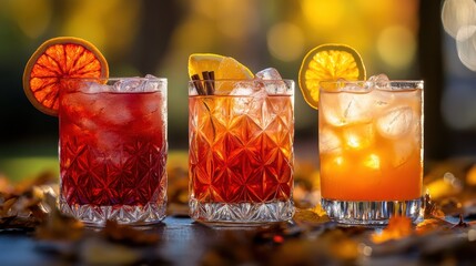 Three colorful cocktails sit on table with autumn leaves around. Use to illustrate seasonal drink menus or festive fall events.
