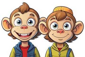 two monkey with fashion wear in isolated background cartoon