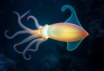 A bioluminescent cephalopod gracefully glides through the deep ocean's mysterious abyss, its translucent body illuminating the inky darkness