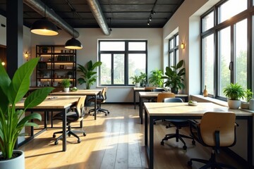 Fototapeta premium Modern coworking area with shared desks & plants , plants, community, conference