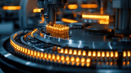 Automated machine is filling vials in a pharmaceutical factory with orange lights. Perfect for illustrating science, medicine, or high-tech manufacturing.