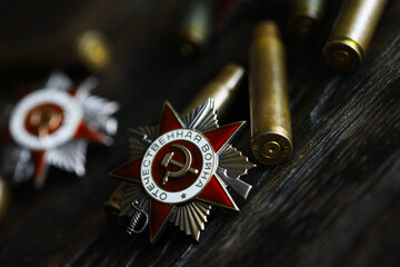 Patriotic War Order and battle order for courage and bravery on George Ribbon background for the...