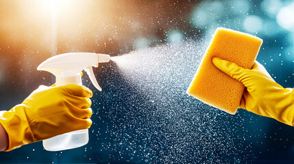 Spraying Cleaning Solution: A close-up of hands in yellow gloves using a spray bottle of cleaning solution and a yellow sponge, creating a mist of cleanliness and hygiene. 