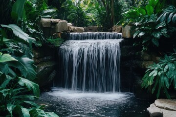 Naklejka premium Tranquil waterfall nestled in vibrant greenery, embodying the essence of a serene vacation escape.