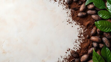 Cocoa Beans Powder And Leaves On White Background