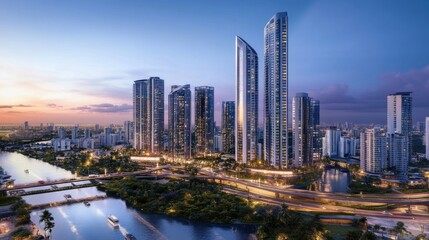 Fototapeta premium Breathtaking Twilight Cityscape: Skyscrapers, Waterways, and Tranquil Atmosphere