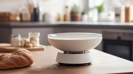 Digital scale with a removable stainless steel bowl, measuring fine baking ingredients